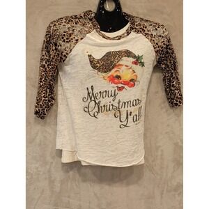 L&B Life Christmas Y'all Shirt Leopard Raglan Santa Graphic Women L‎